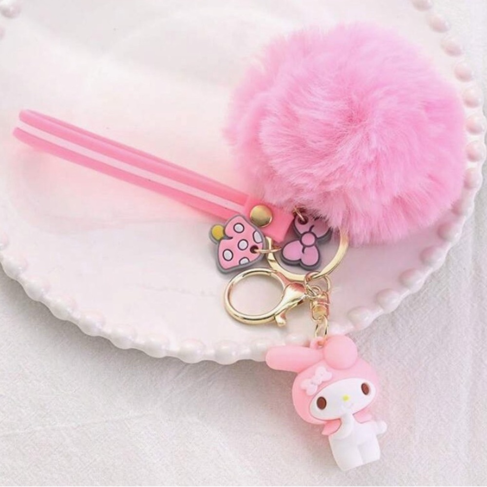 Sanrio 1pcs Melody Cute Pink Keychain with Pom Pom or Bag Character Charm